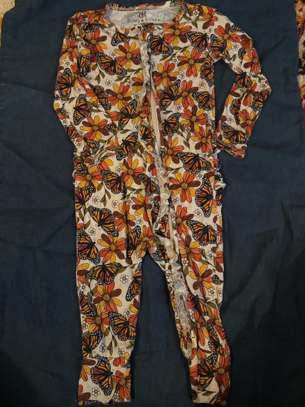 Bums & Roos Kids Butterfly Floral Footie - Orange/Cream monarch butterfly print
